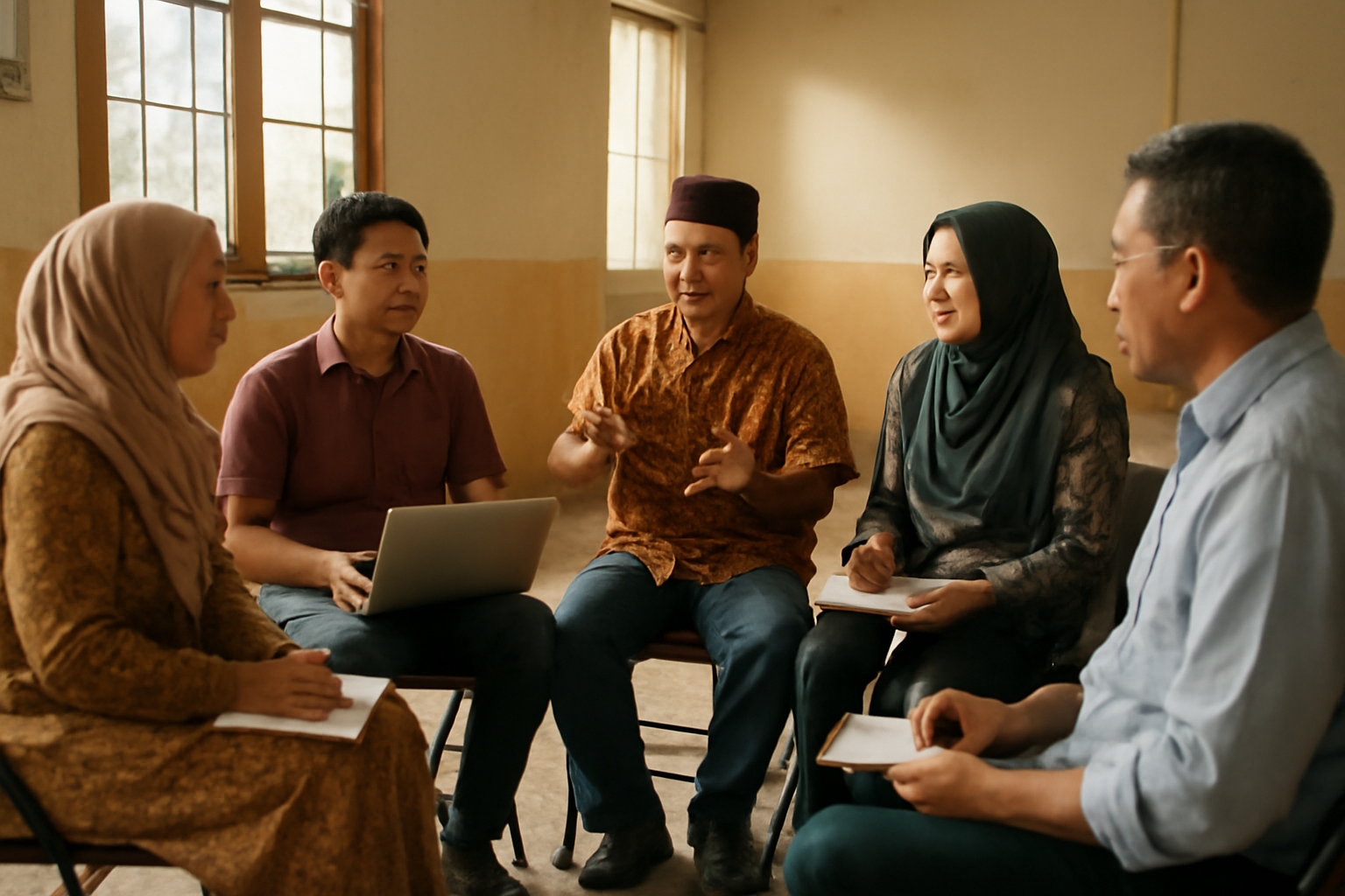 Anggota komunitas blogger duduk melingkar saat diskusi isu sosial di balai komunitas