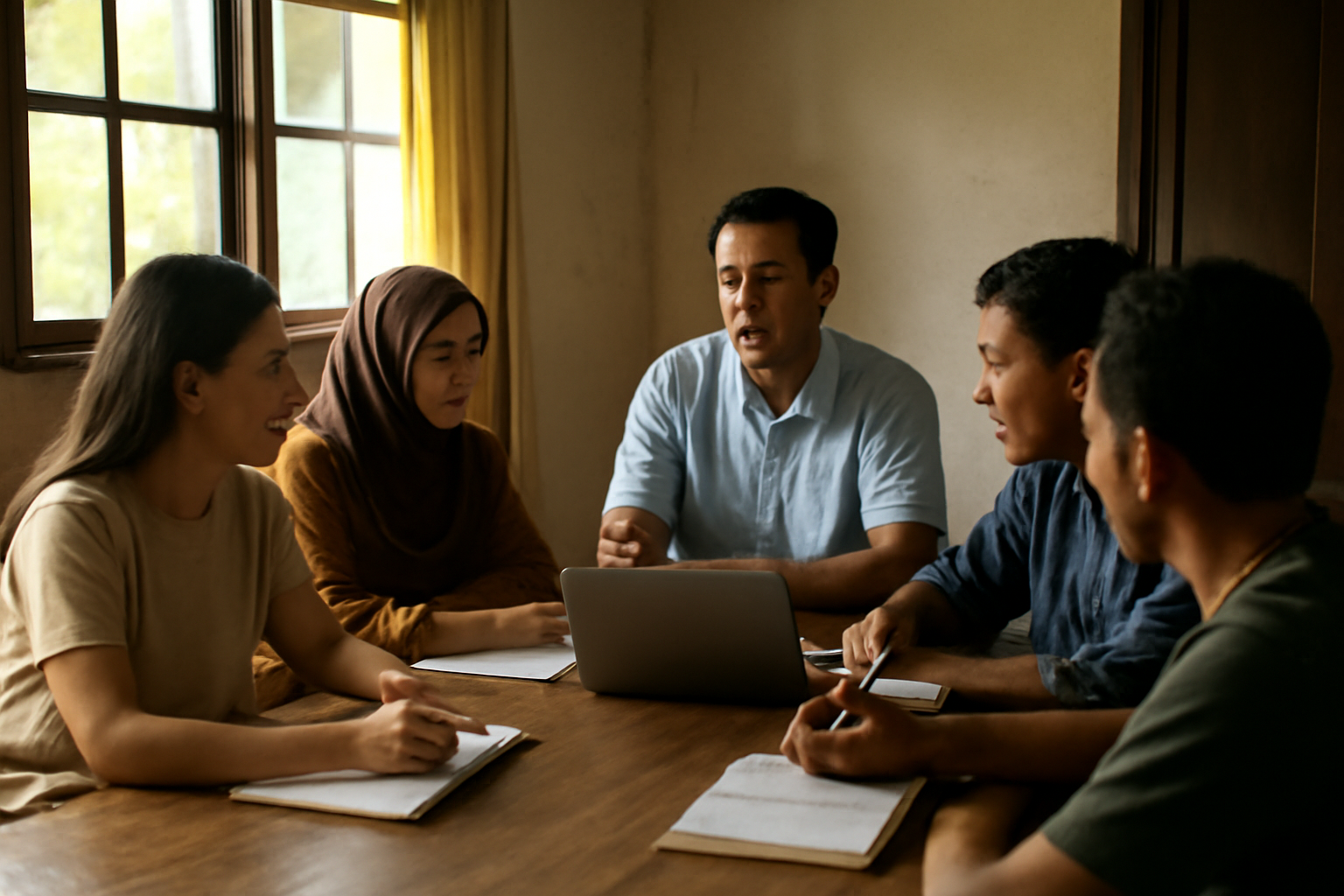 Pertemuan komunitas blogger sosial sedang berdiskusi di meja dengan buku catatan dan laptop