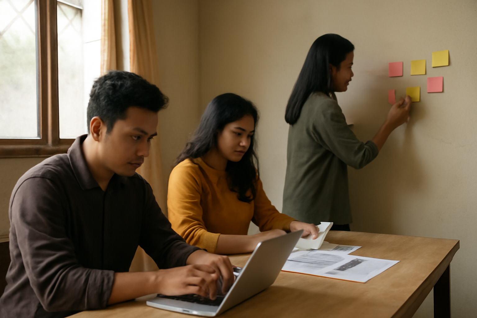 Tiga blogger komunitas sedang bekerja di ruangan sederhana, satu mengetik di laptop dan dua lainnya memeriksa catatan