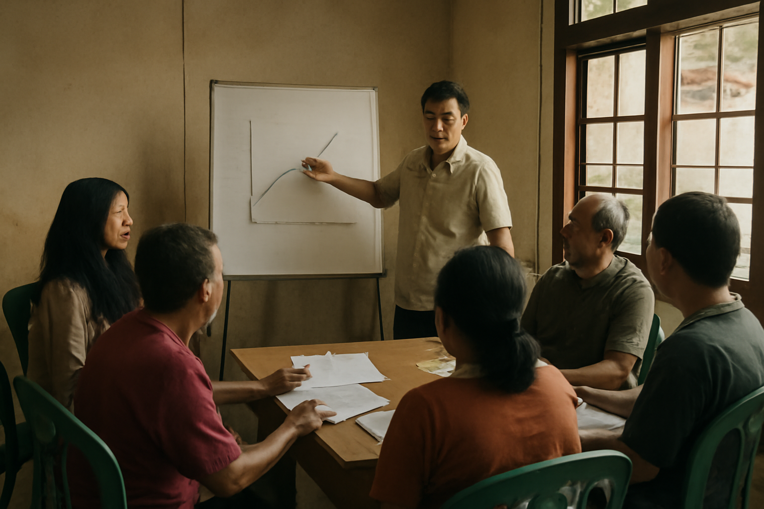 Warga komunitas berdiskusi di aula sederhana sambil membaca catatan dan artikel cetak