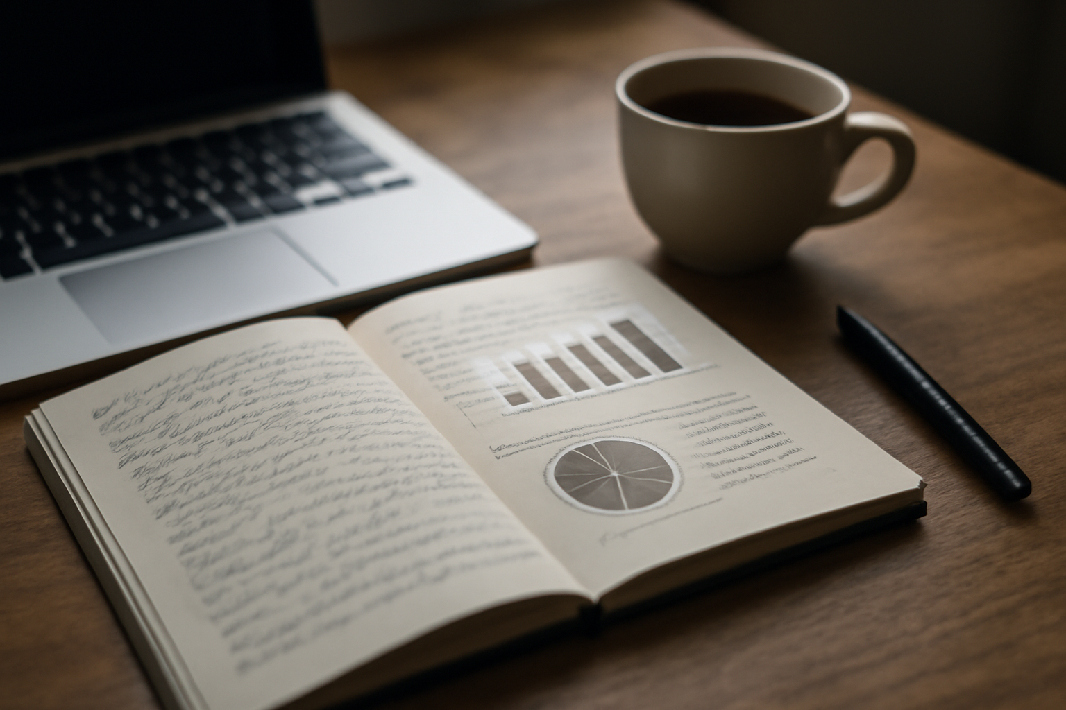Catatan tangan dan cetakan tabel statistik di meja kerja untuk riset data sosial blog pemula